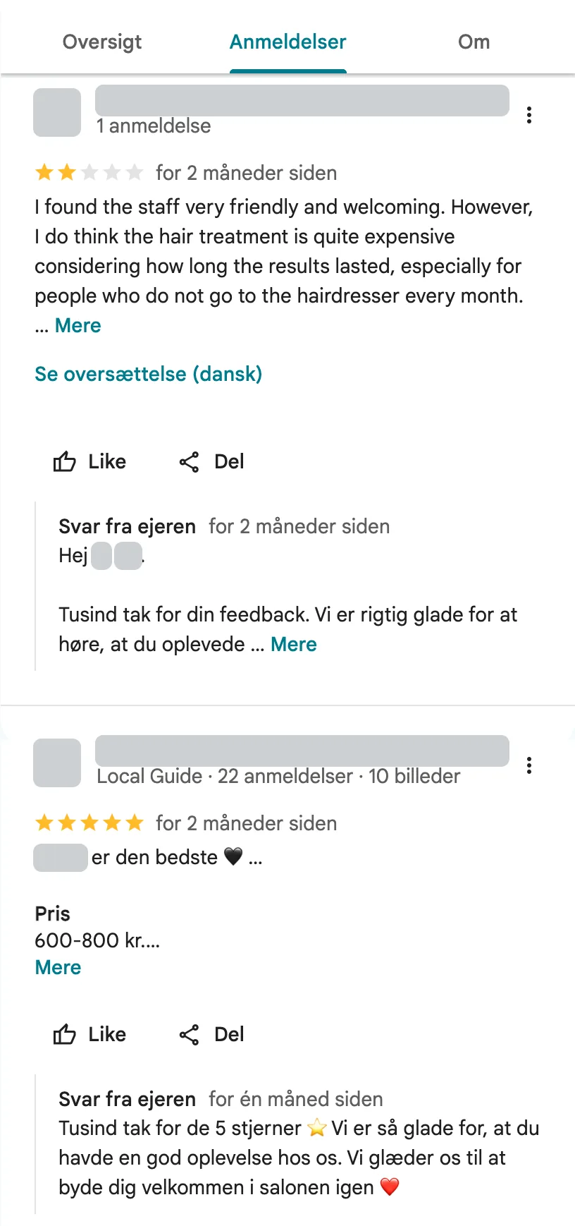 To kundeanmeldelser af Klemme's Hairdresser i Google Maps med 2 og 5 stjerner, begge med svar fra ejeren. Oplysninger om anmelderne er dækket til.