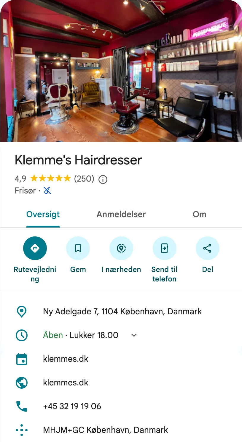 Profilen for Klemme's Hairdresser i Google Maps: foto, navn, bedømmelse, kategori, adresse, åbningstider og kontaktoplysninger.