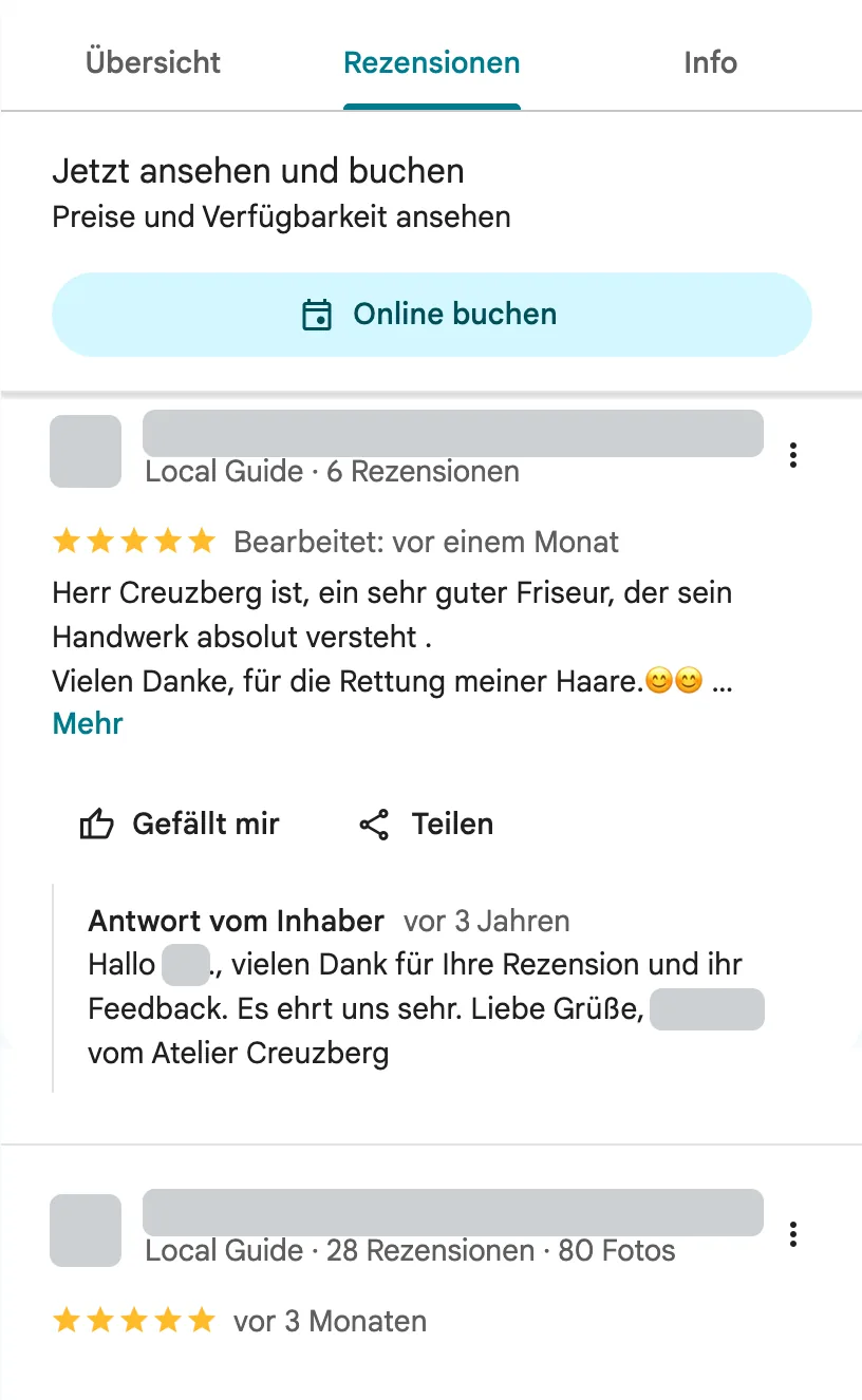 Bewertung eines Kunden von Atelier Creuzberg in Google Maps mit 5 Sternen und einer Antwort des Inhabers. Angaben zum Verfasser verdeckt.