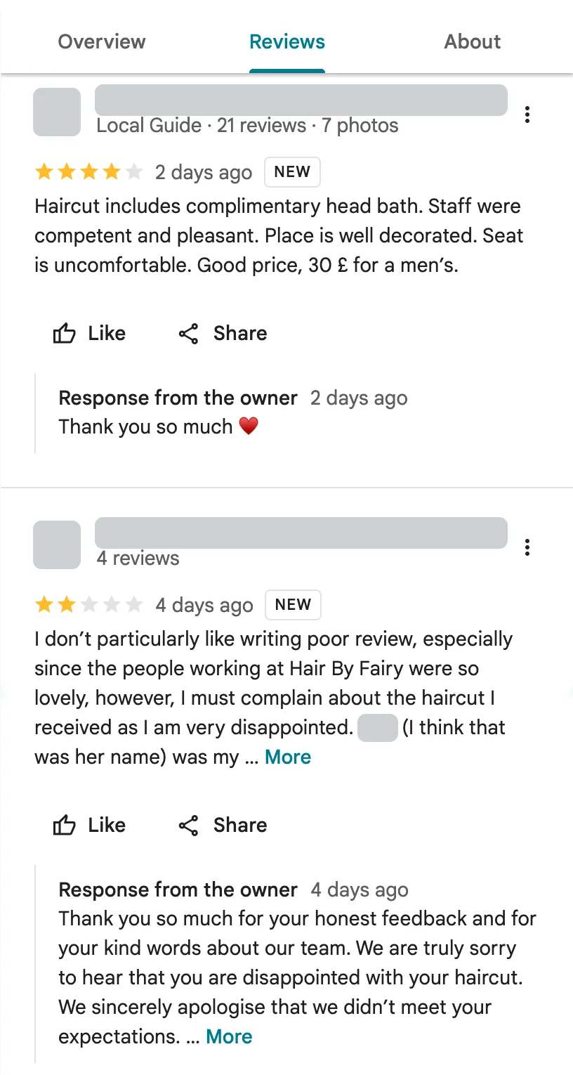 Two customer reviews of Hair By Fairy in Google Maps, rated 4 and 2 stars, each with a reply from the owner. Reviewer details are covered.