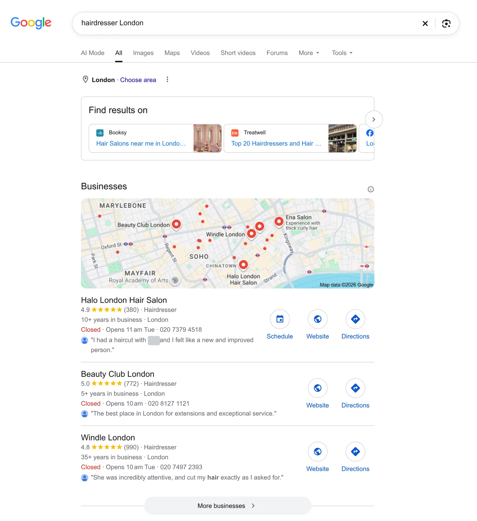 Google search results for “hairdresser London”: a “Find results on” row with Booksy and Treatwell, then the map block with a map of central London and three hair salons with rating, number of reviews, opening hours, phone number and a review quote.