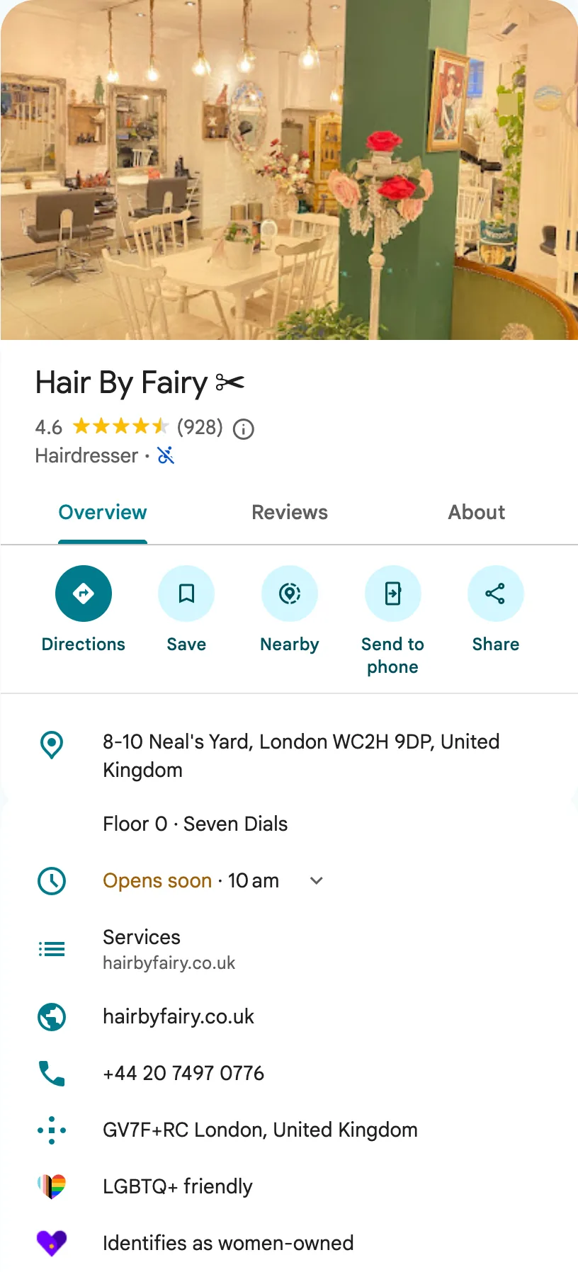 Hair By Fairy's profile in Google Maps: photo, name, rating, category, address, opening hours and contact details.