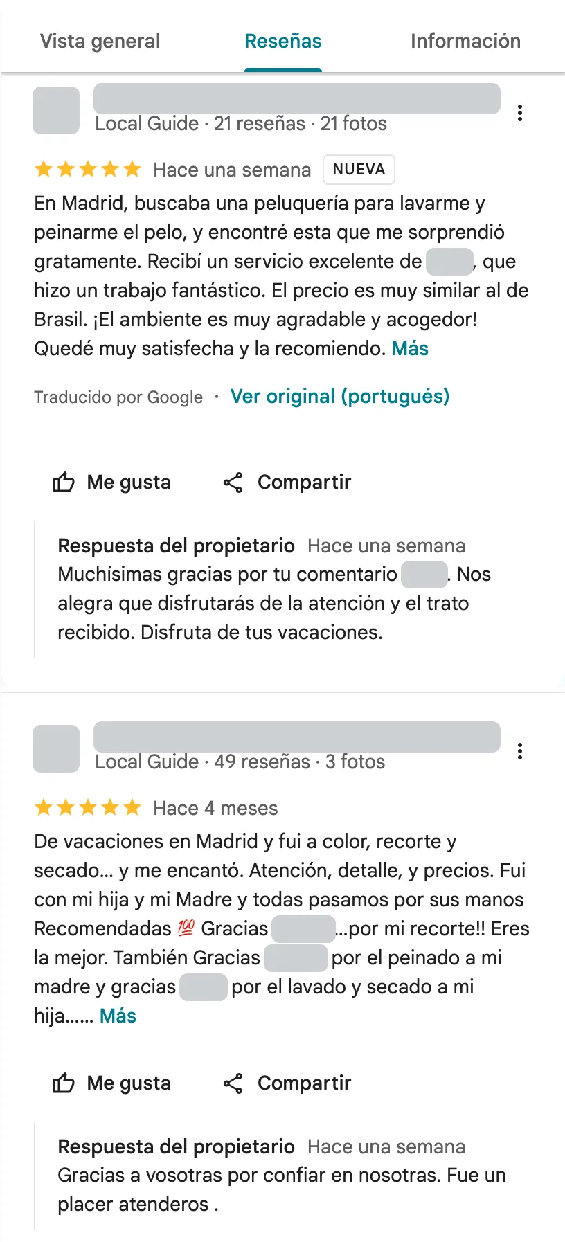 Dos reseñas de clientes de Entre 3 Peluquería y Belleza en Google Maps, ambas con 5 estrellas y respuesta del propietario. Datos de los autores ocultos.