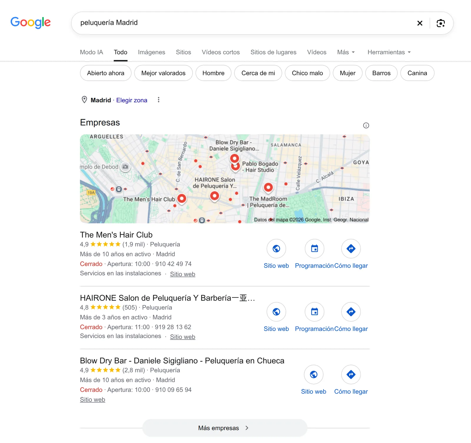 Resultados de búsqueda de Google para «peluquería Madrid»: filtros de búsqueda y, debajo, el bloque del mapa con un mapa del centro de Madrid y tres peluquerías con valoración, número de reseñas, horario y teléfono.