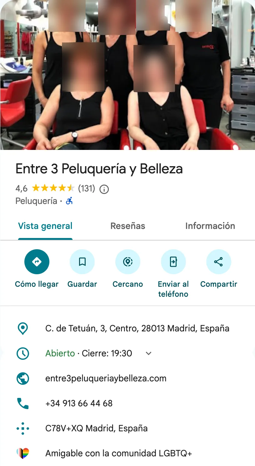 Perfil de Entre 3 Peluquería y Belleza en Google Maps: foto, nombre, valoración, categoría, dirección, horario y datos de contacto.