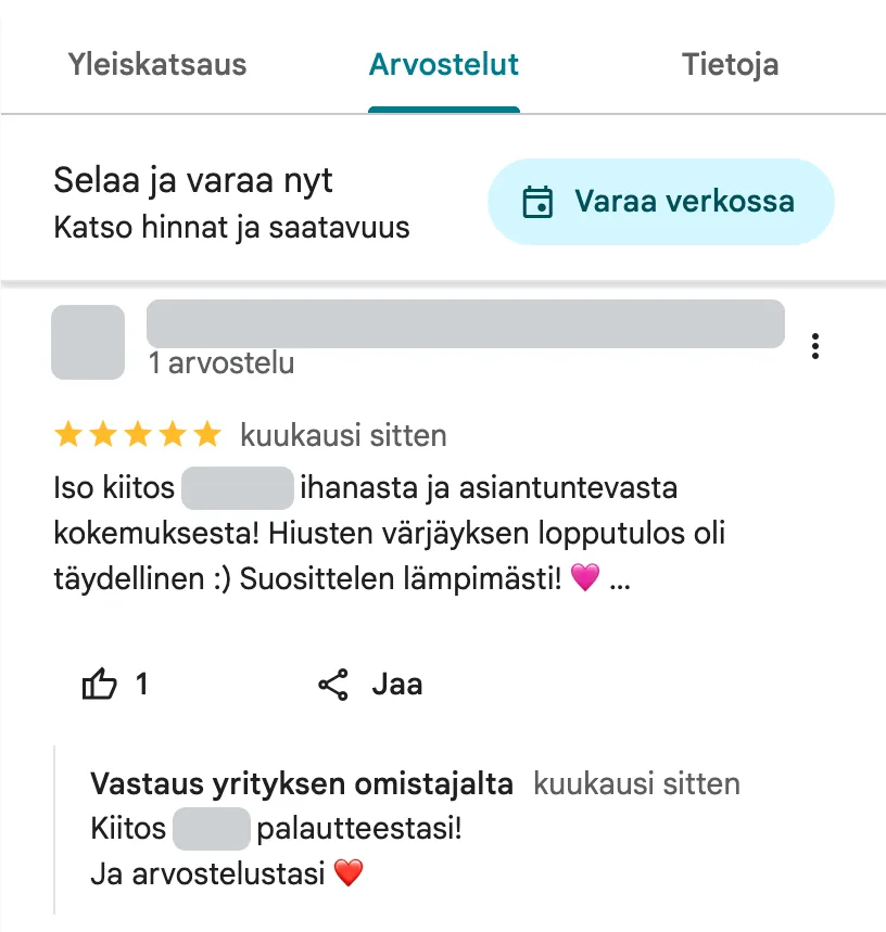 Asiakkaan arvostelu yrityksestä HAIRSTYLE KAMPPI Google Mapsissa: 5 tähteä ja omistajan vastaus. Kirjoittajan tiedot on peitetty.