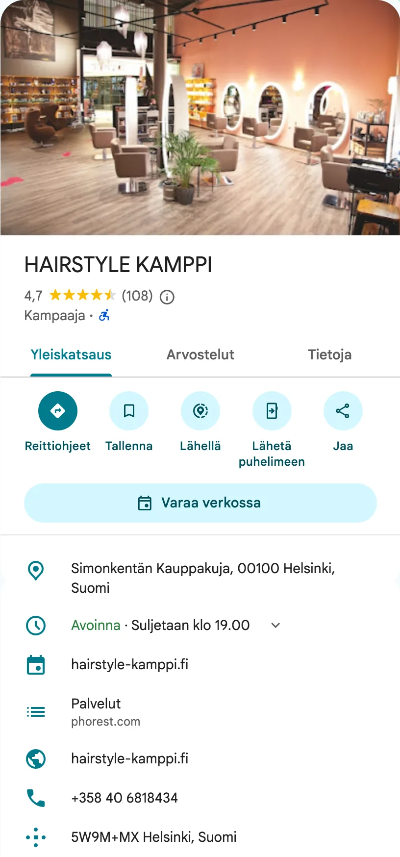 Yrityksen HAIRSTYLE KAMPPI yritysprofiili Google Mapsissa: kuva, nimi, arvio, luokka, osoite, aukioloajat ja yhteystiedot.