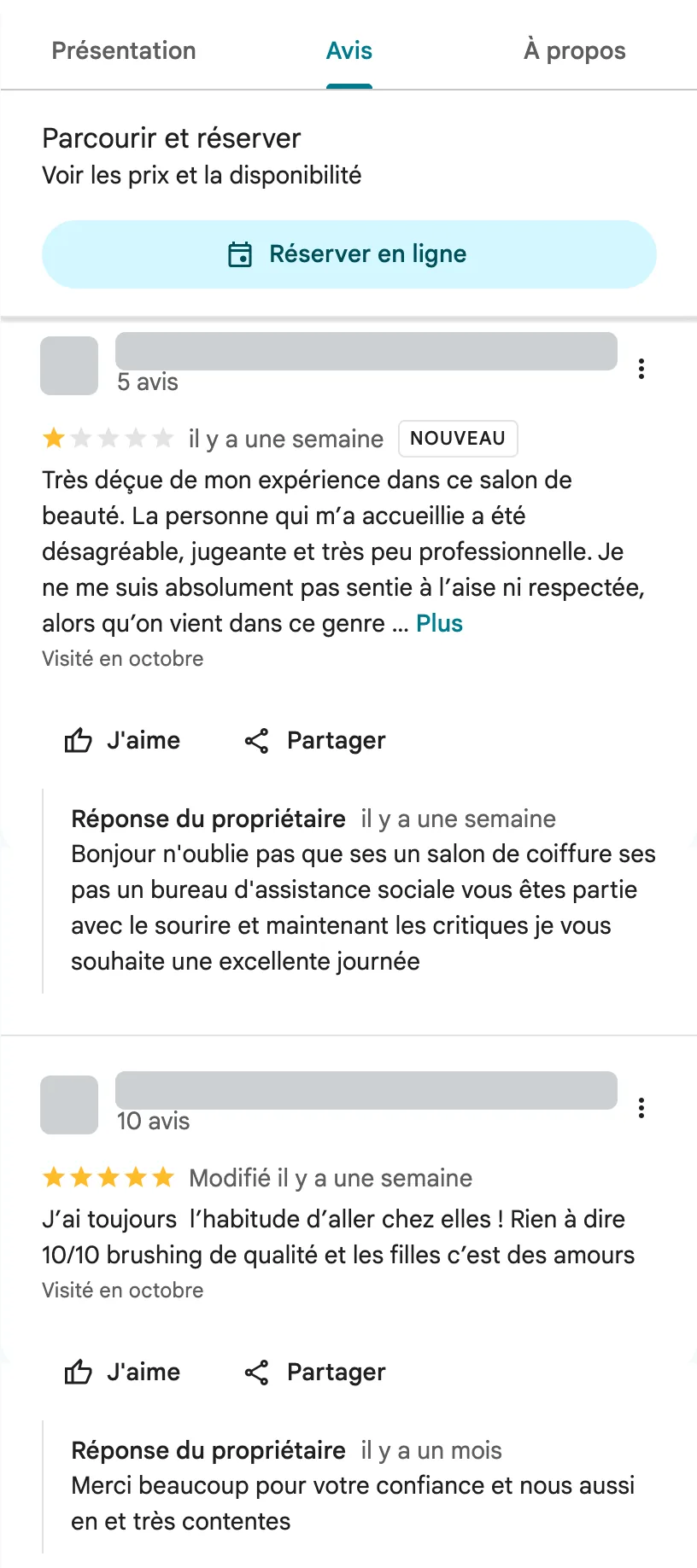 Deux avis de clients sur Hair Style & Onglerie dans Google Maps, notés 1 et 5 étoiles, chacun avec une réponse du propriétaire. Données des auteurs masquées.