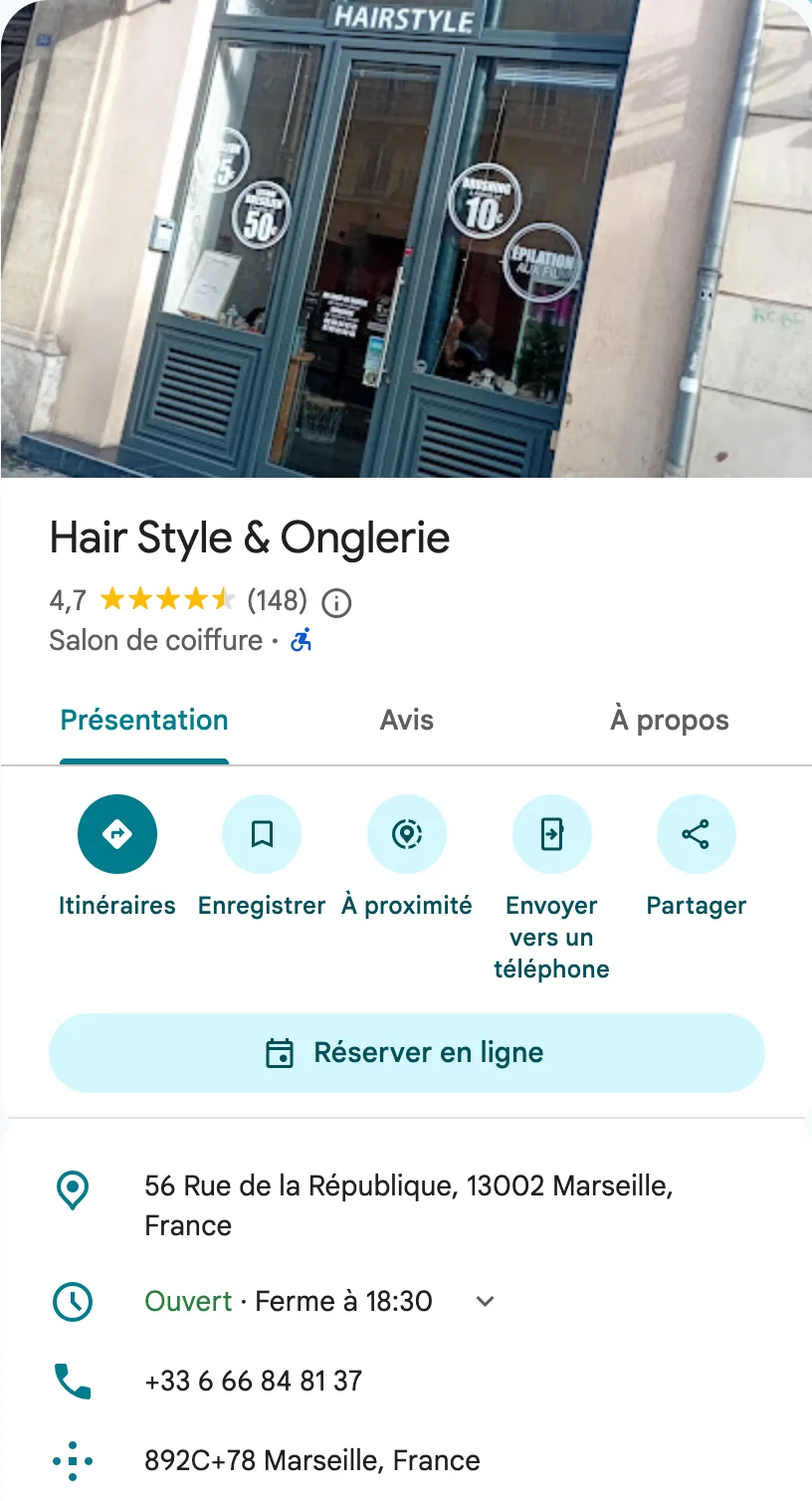Fiche de Hair Style & Onglerie dans Google Maps : photo, nom, note, catégorie, adresse, horaires et coordonnées.