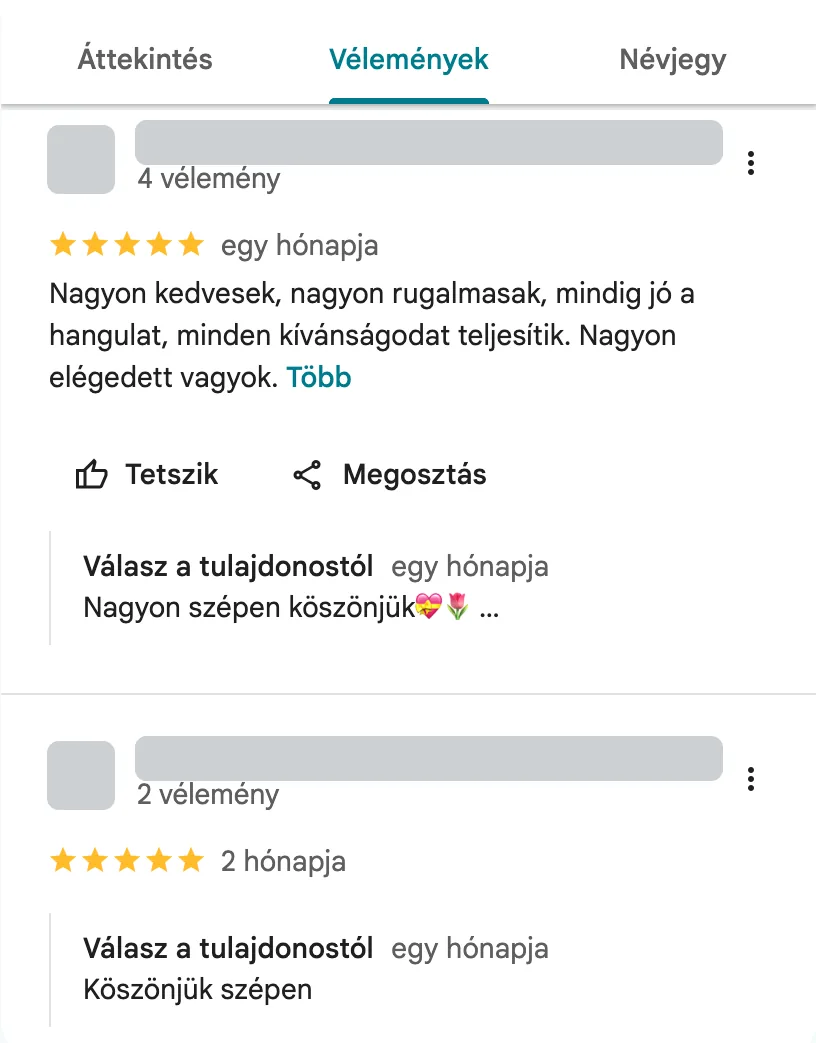 Két vásárlói vélemény a Magdi Szépségszalonról a Google Térképen, mindkettő 5 csillagos, és mindkettőre válaszolt a tulajdonos. A szerzők adatai letakarva.