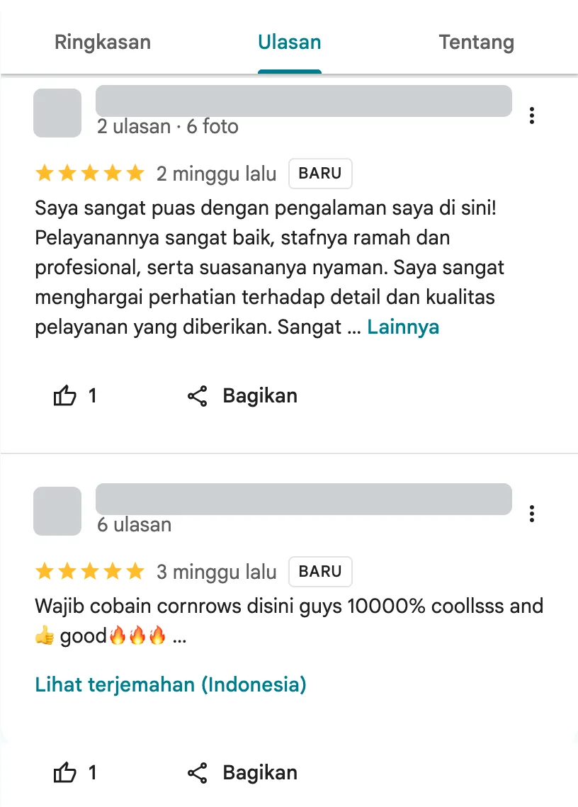 Dua ulasan pelanggan RBK DREADLOCKS di Google Maps, keduanya bintang 5, tanpa balasan dari pemilik. Data penulis ulasan ditutup.