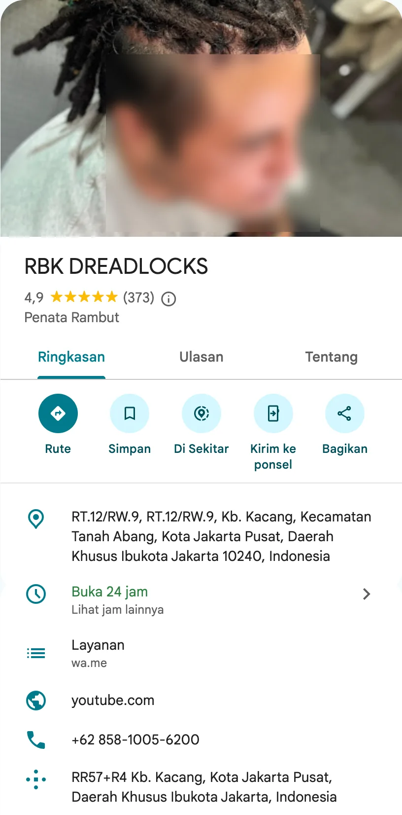 Profil Bisnis RBK DREADLOCKS di Google Maps: foto, nama, rating, kategori, alamat, jam buka, dan kontak.