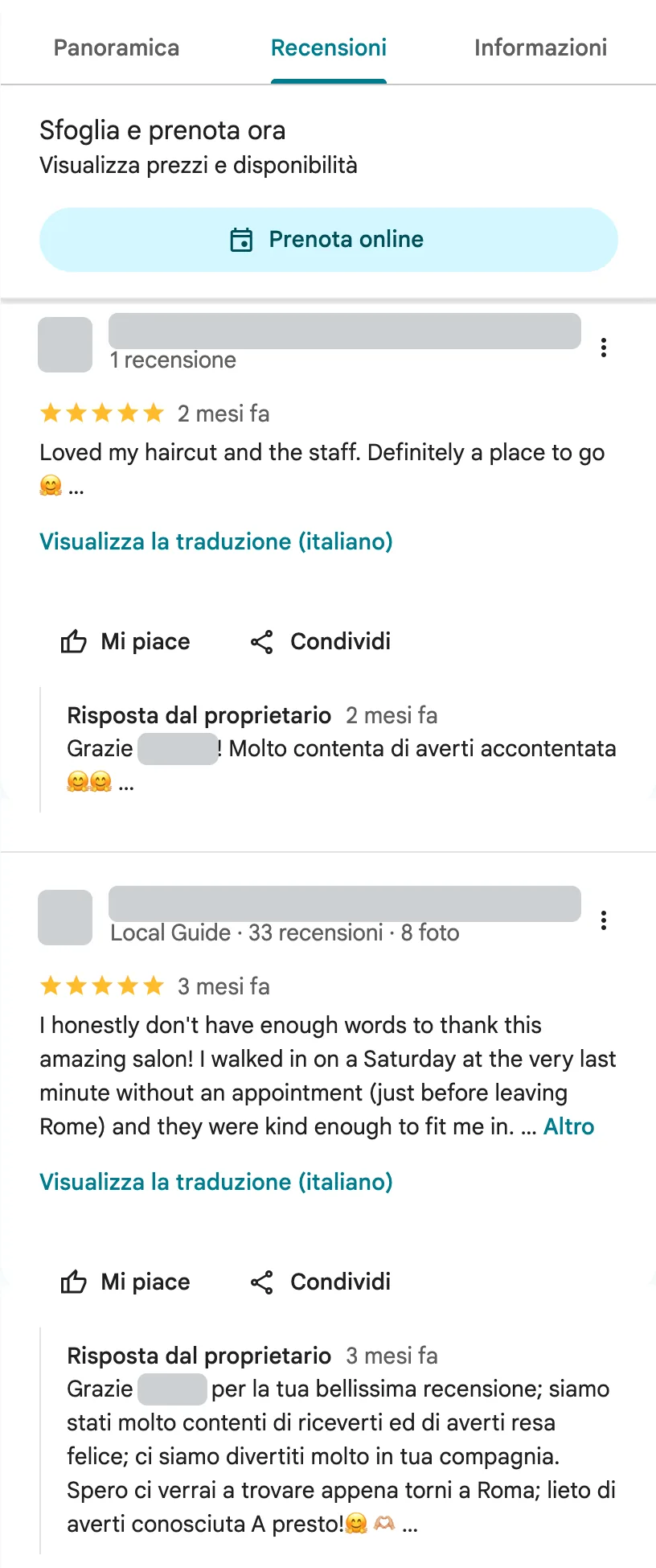 Due recensioni di clienti di Boho Hair Gallery Monti su Google Maps, entrambe con 5 stelle e risposta del proprietario. Dati degli autori coperti.