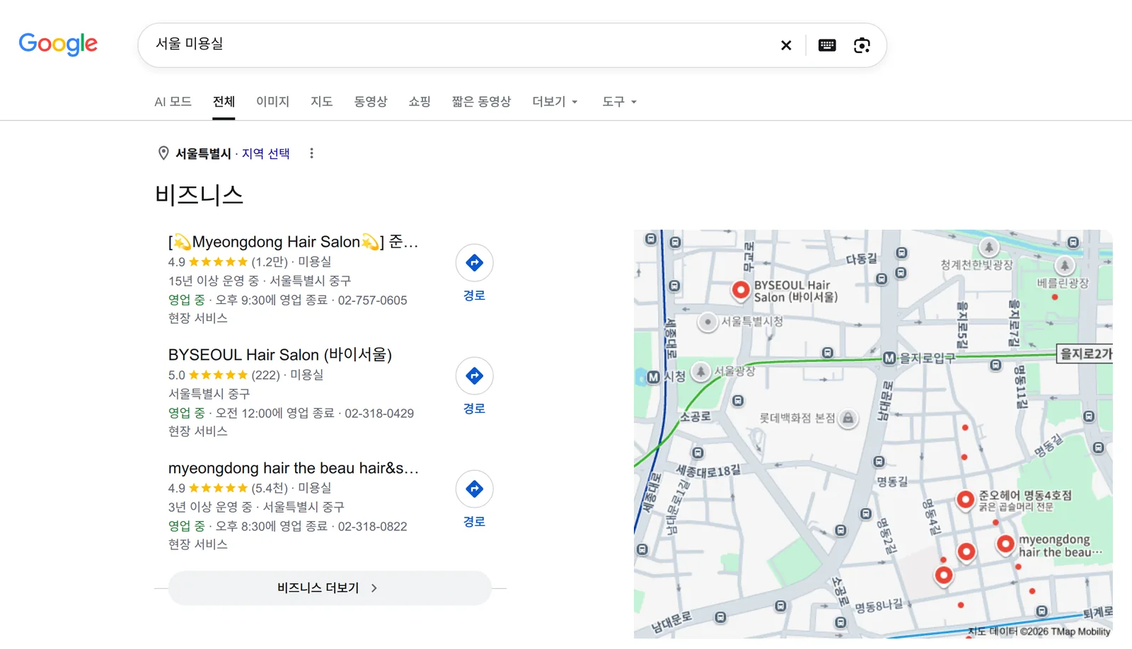 “서울 미용실” Google 검색 결과: 왼쪽에 평점, 리뷰 수, 영업시간, 전화번호가 나온 미용실 세 곳, 오른쪽에 서울 지도가 있는 지도 블록.