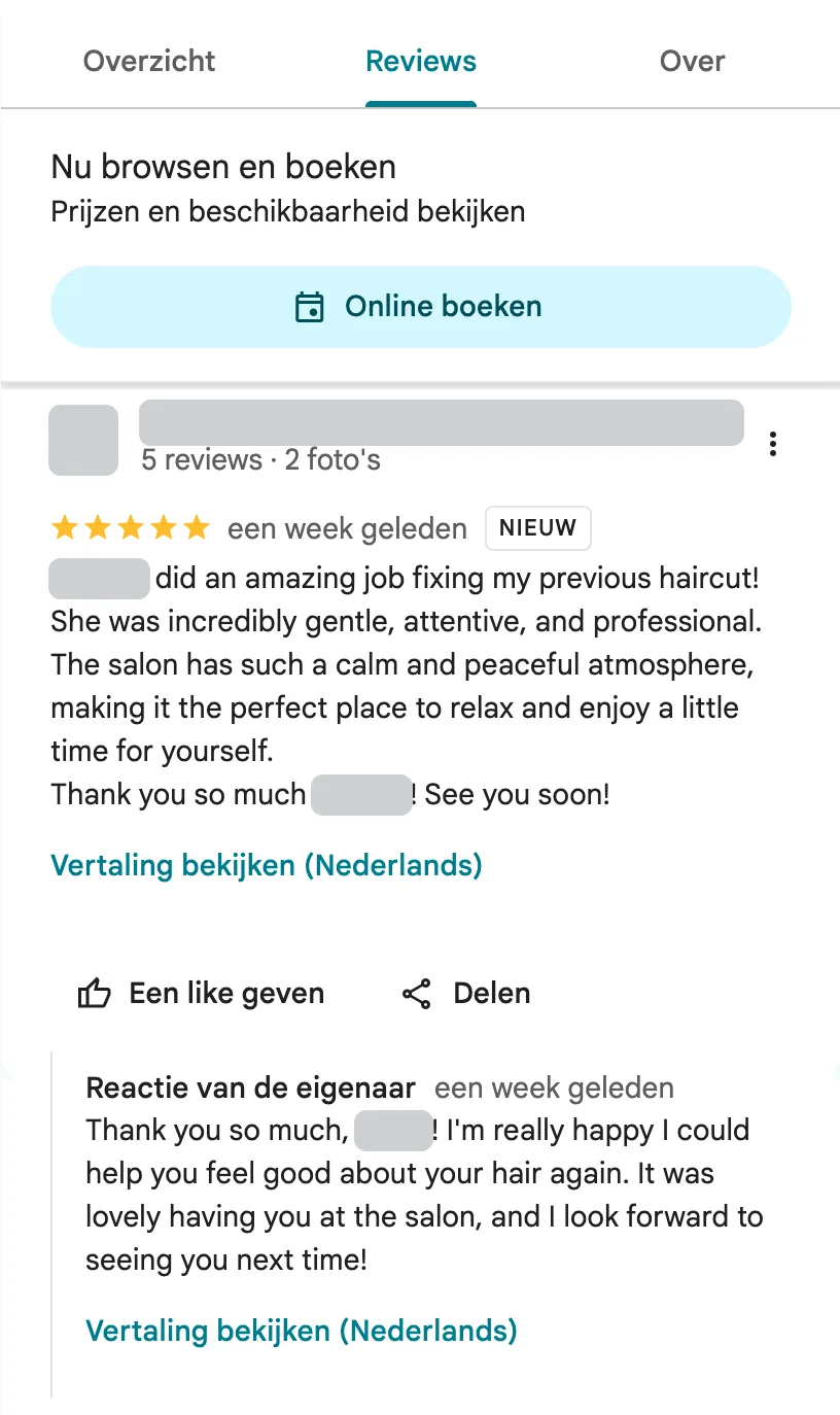 Review van een klant van JL Hair Studio in Google Maps met 5 sterren en een reactie van de eigenaar. Gegevens van de schrijver afgedekt.