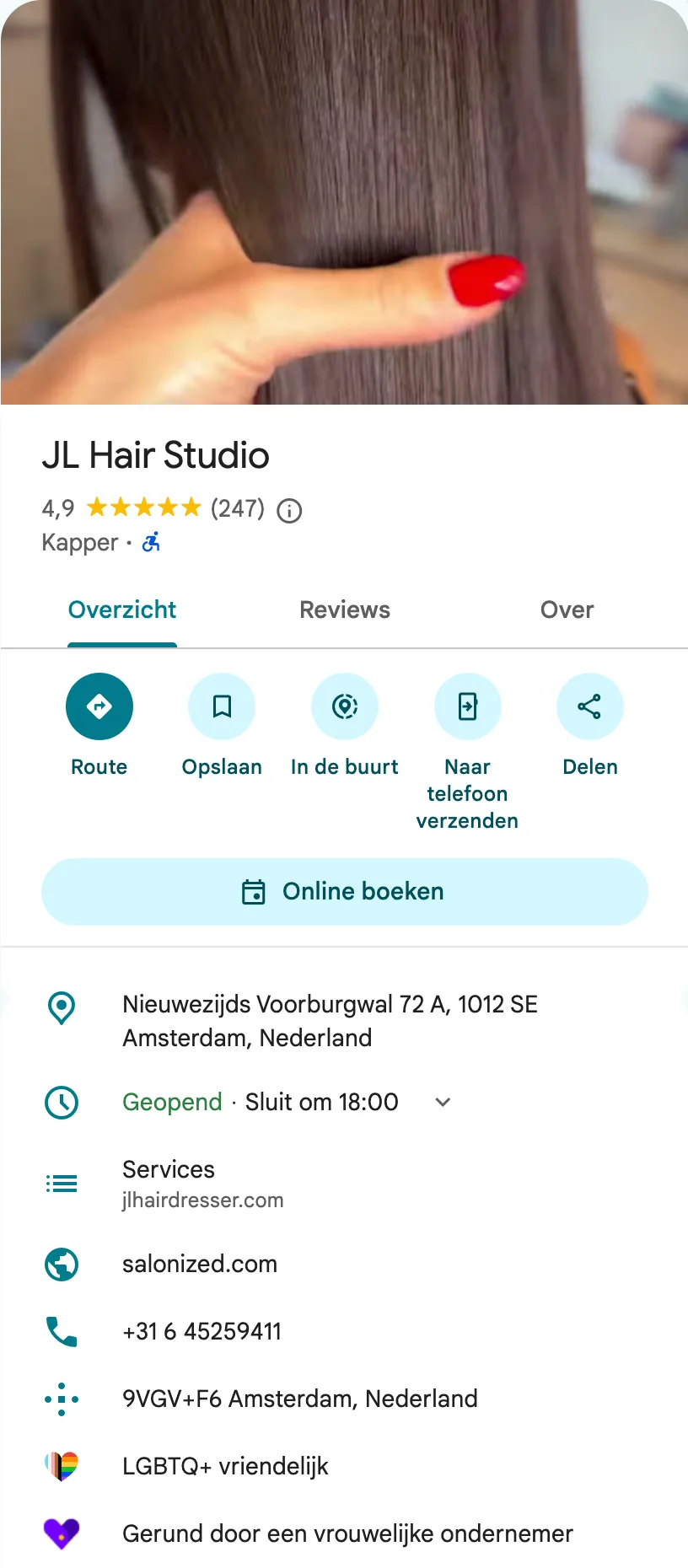 Profiel van JL Hair Studio in Google Maps: foto, naam, beoordeling, categorie, adres, openingstijden en contactgegevens.