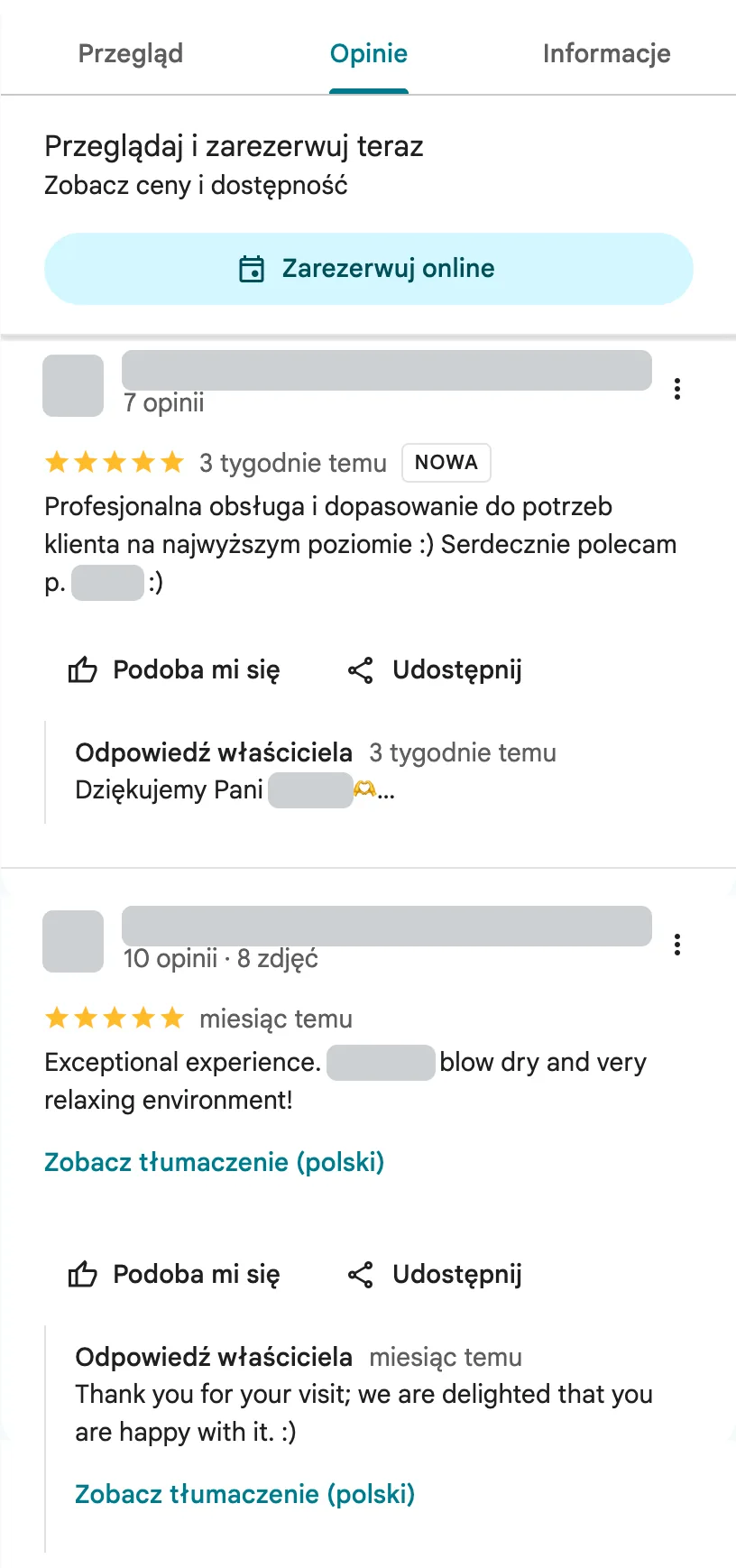 Dwie opinie klientów firmy Le Desir w Mapach Google, obie z oceną 5 gwiazdek i odpowiedzią właściciela. Dane autorów zakryte.