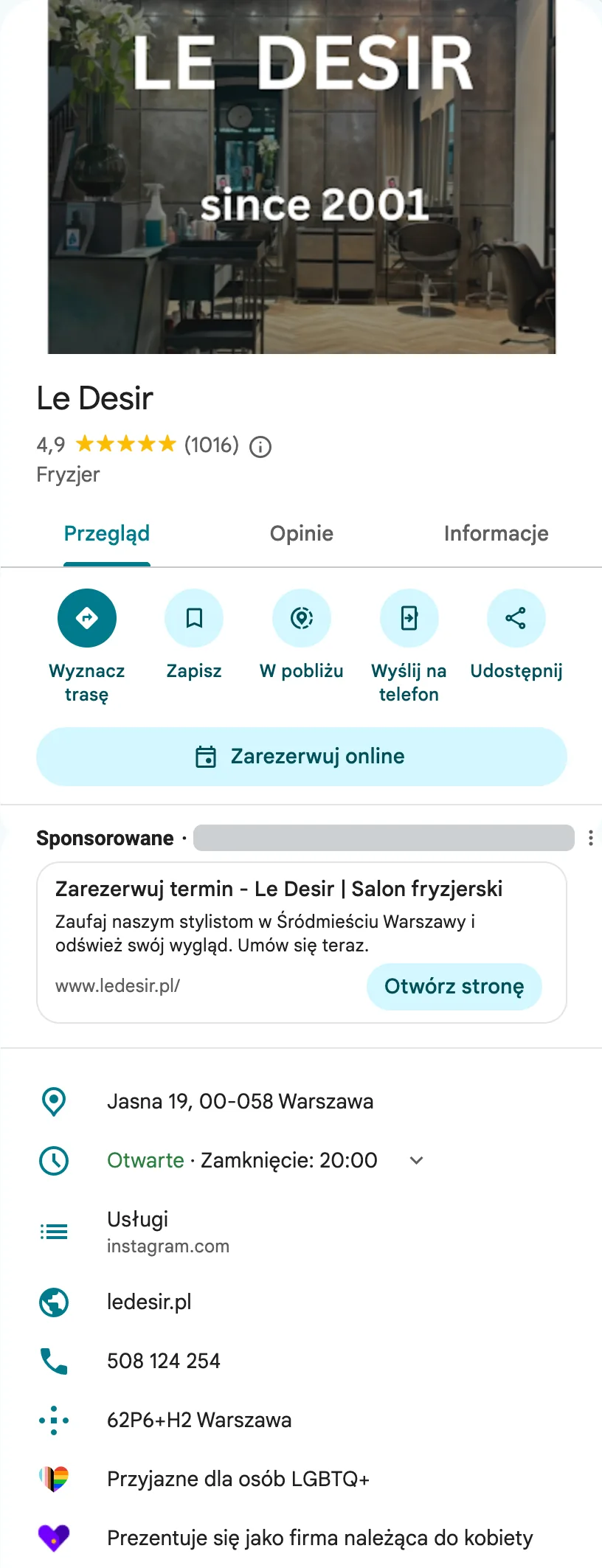 Karta firmy Le Desir w Mapach Google: zdjęcie, nazwa, ocena, kategoria, adres, godziny otwarcia i dane kontaktowe.