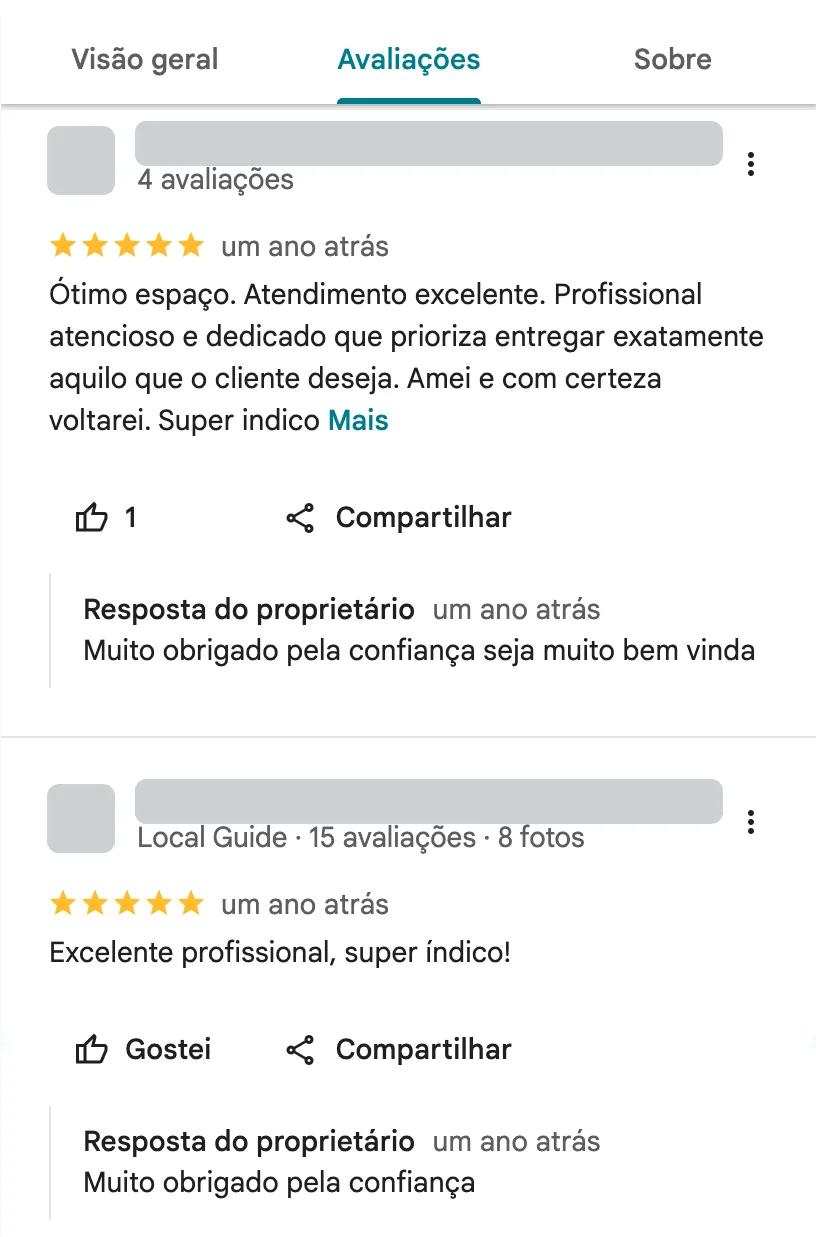 Duas avaliações de clientes do Jajá Soares Studio Hair no Google Maps, ambas com 5 estrelas e resposta do proprietário. Dados dos autores ocultados.