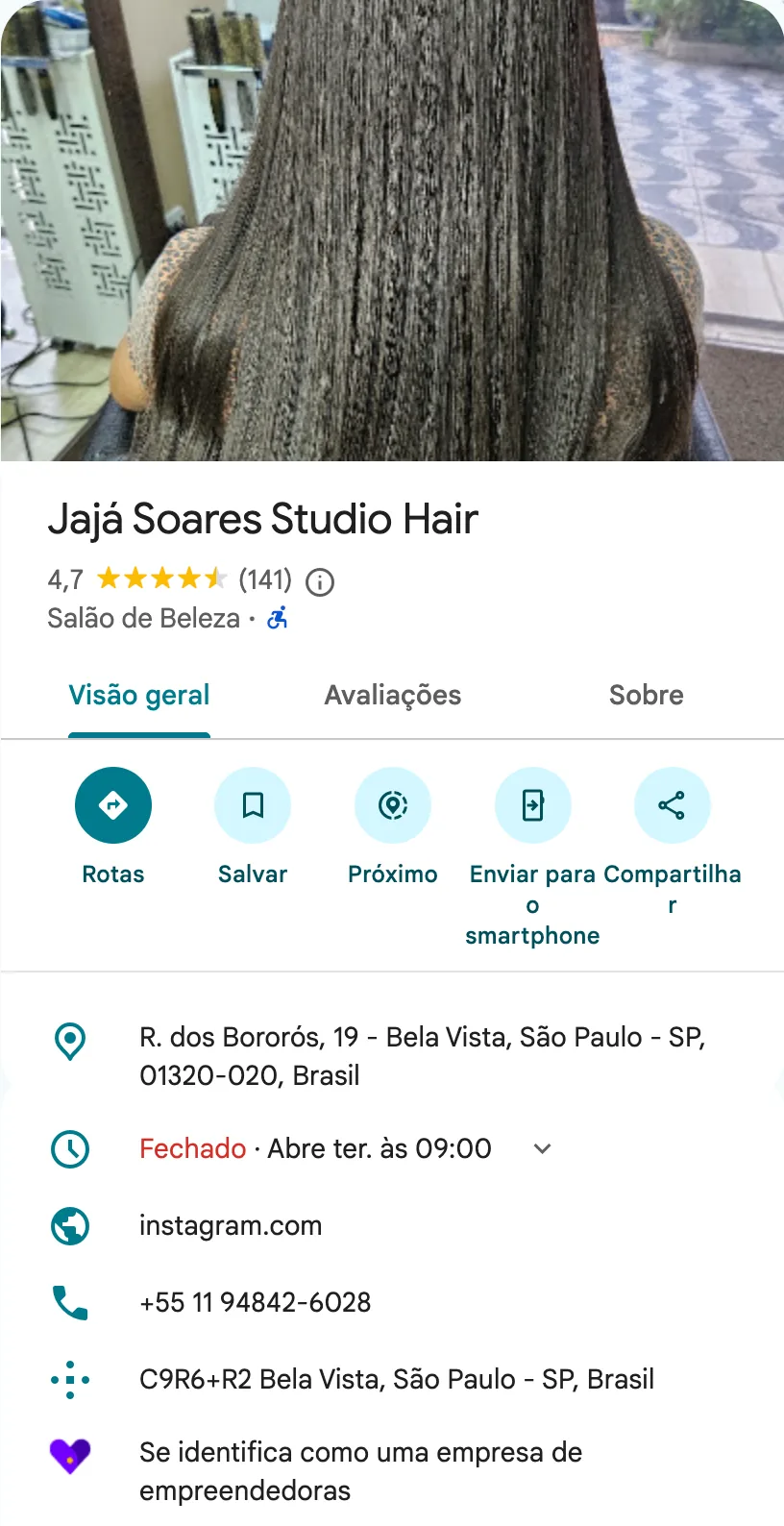 Perfil do Jajá Soares Studio Hair no Google Maps: foto, nome, nota, categoria, endereço, horário de funcionamento e contatos.