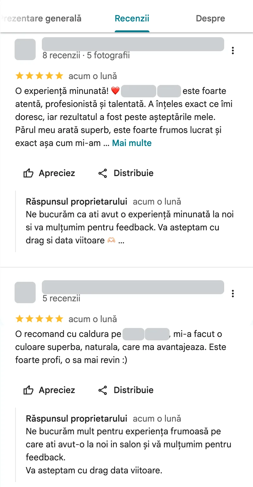 Două opinii ale clienților salonului Beauty Concept by Sandra în Google Maps, ambele cu 5 stele și cu răspunsul proprietarului. Datele autorilor sunt acoperite.