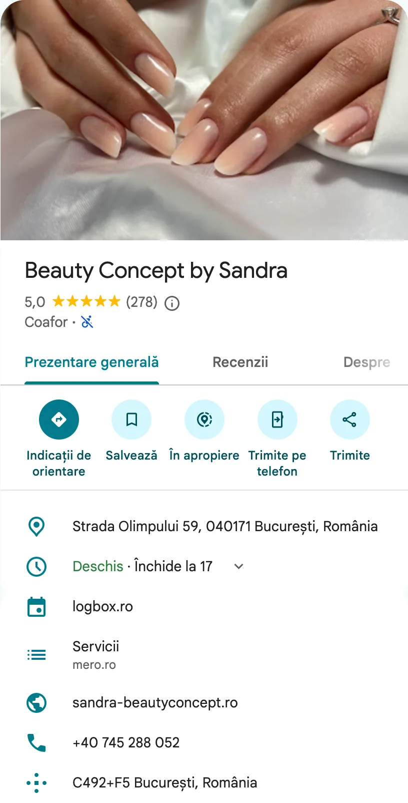 Profilul Beauty Concept by Sandra în Google Maps: fotografie, nume, notă, categorie, adresă, program și date de contact.