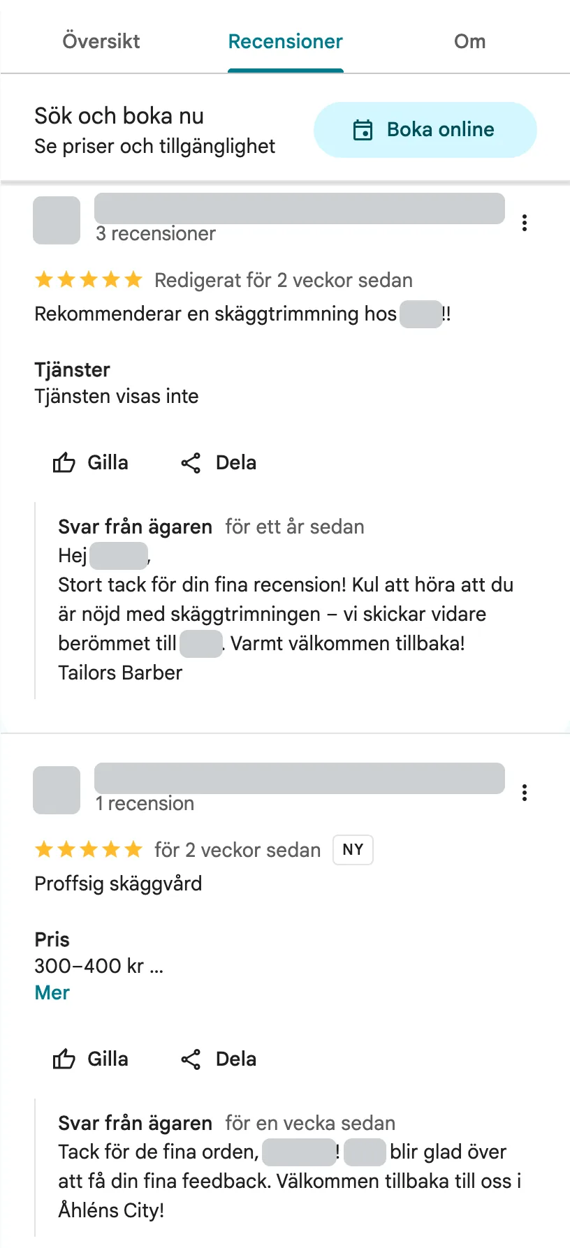 Två kundrecensioner av Tailor's Barber Åhléns City i Google Maps, båda med 5 stjärnor och svar från ägaren. Uppgifter om skribenterna är dolda.