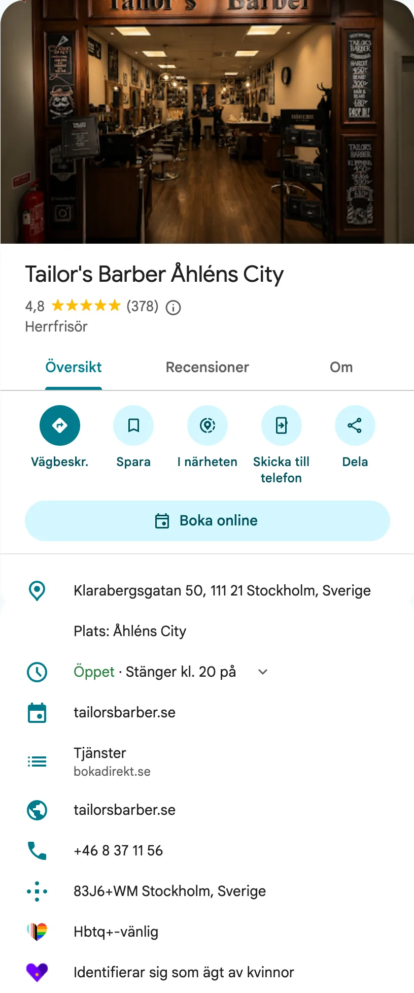 Profilen för Tailor's Barber Åhléns City i Google Maps: foto, namn, betyg, kategori, adress, öppettider och kontaktuppgifter.