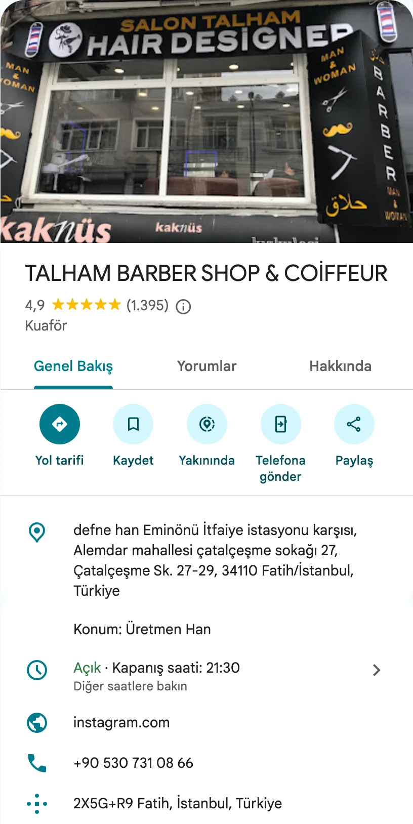 TALHAM BARBER SHOP & COİFFEUR işletmesinin Google Haritalar'daki profili: fotoğraf, ad, puan, kategori, adres, çalışma saatleri ve iletişim bilgileri.