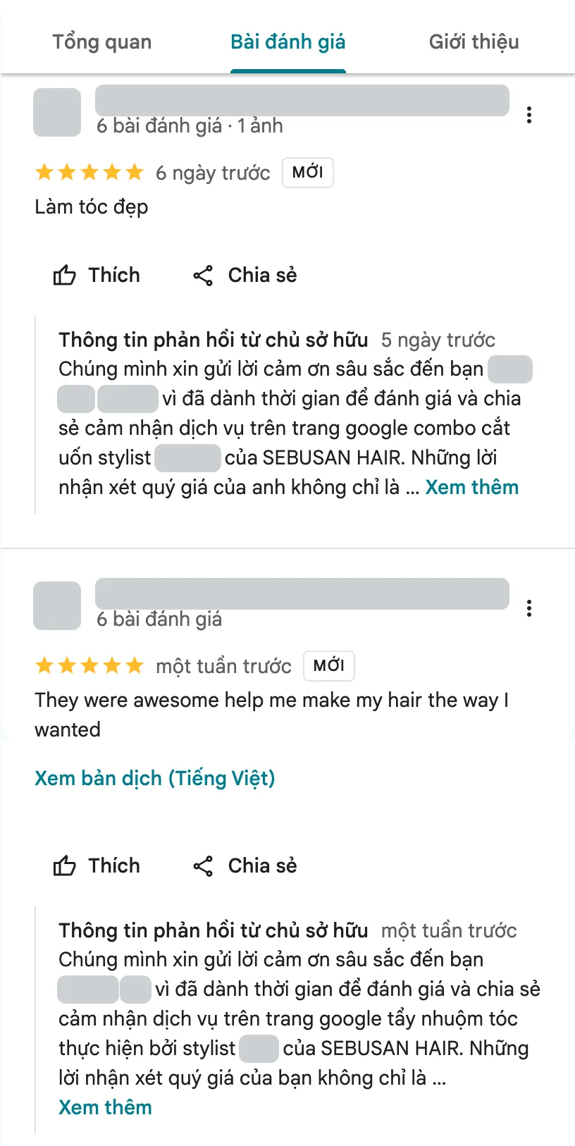 Hai bài đánh giá của khách hàng về SEBUSAN HAIR STUDIO trên Google Maps, cả hai đều 5 sao và có phản hồi từ chủ sở hữu. Thông tin người viết đã được che.