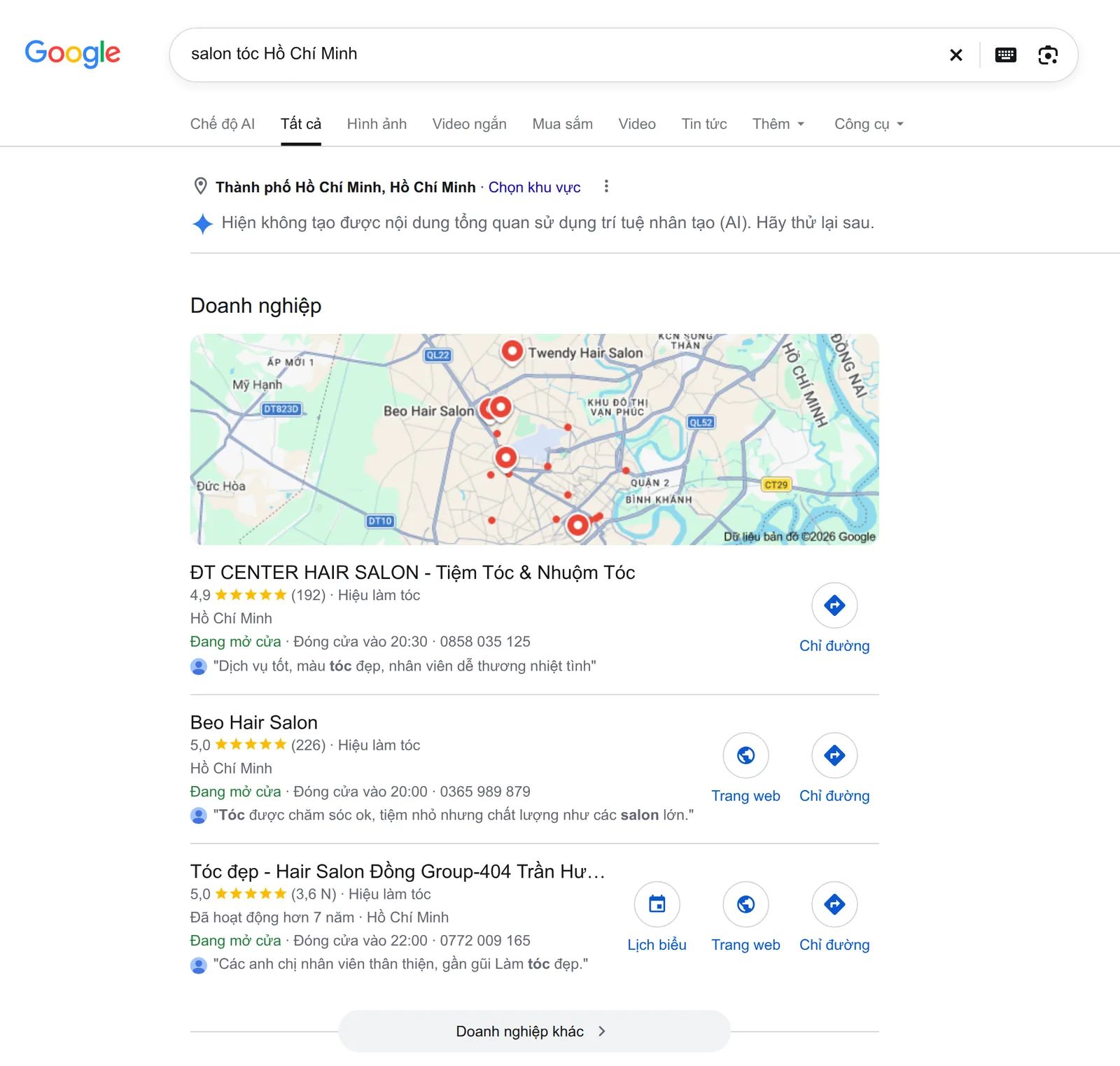 Kết quả tìm kiếm Google cho “salon tóc Hồ Chí Minh”: thông báo hiện không tạo được phần tổng quan bằng AI, bên dưới là khối bản đồ với bản đồ Thành phố Hồ Chí Minh và ba salon tóc kèm điểm đánh giá, số lượt đánh giá, giờ mở cửa, số điện thoại và trích dẫn đánh giá.