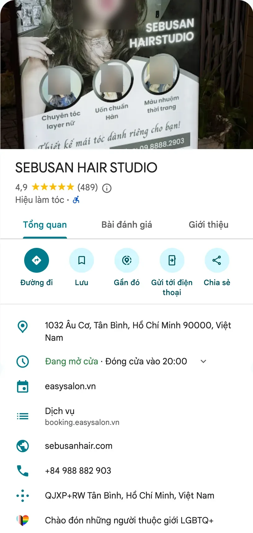 Trang doanh nghiệp của SEBUSAN HAIR STUDIO trên Google Maps: ảnh, tên, điểm đánh giá, danh mục, địa chỉ, giờ mở cửa và thông tin liên hệ.